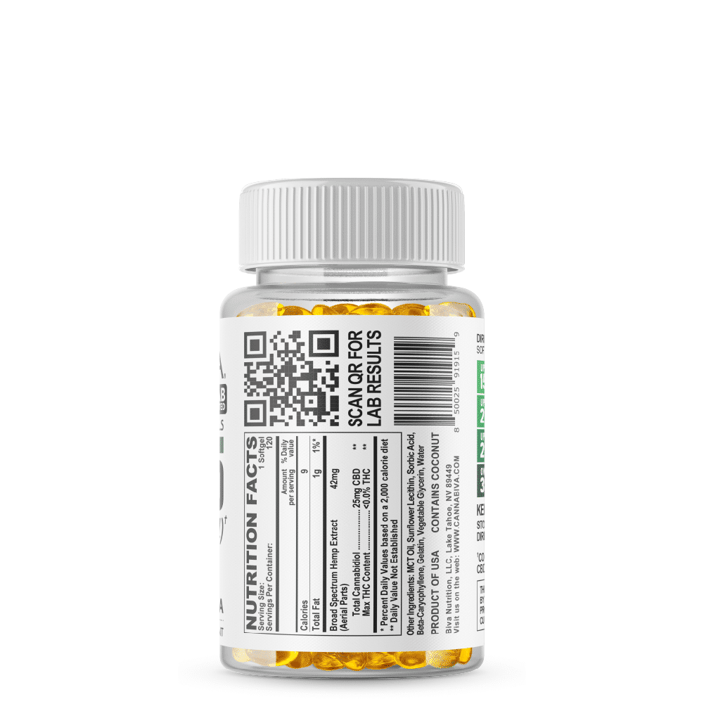 Broad Spectrum CBD Softgels (0% THC) - Cannabiva 3000MG - 120 Capsules With 25mg Per Supplement - Facts Label