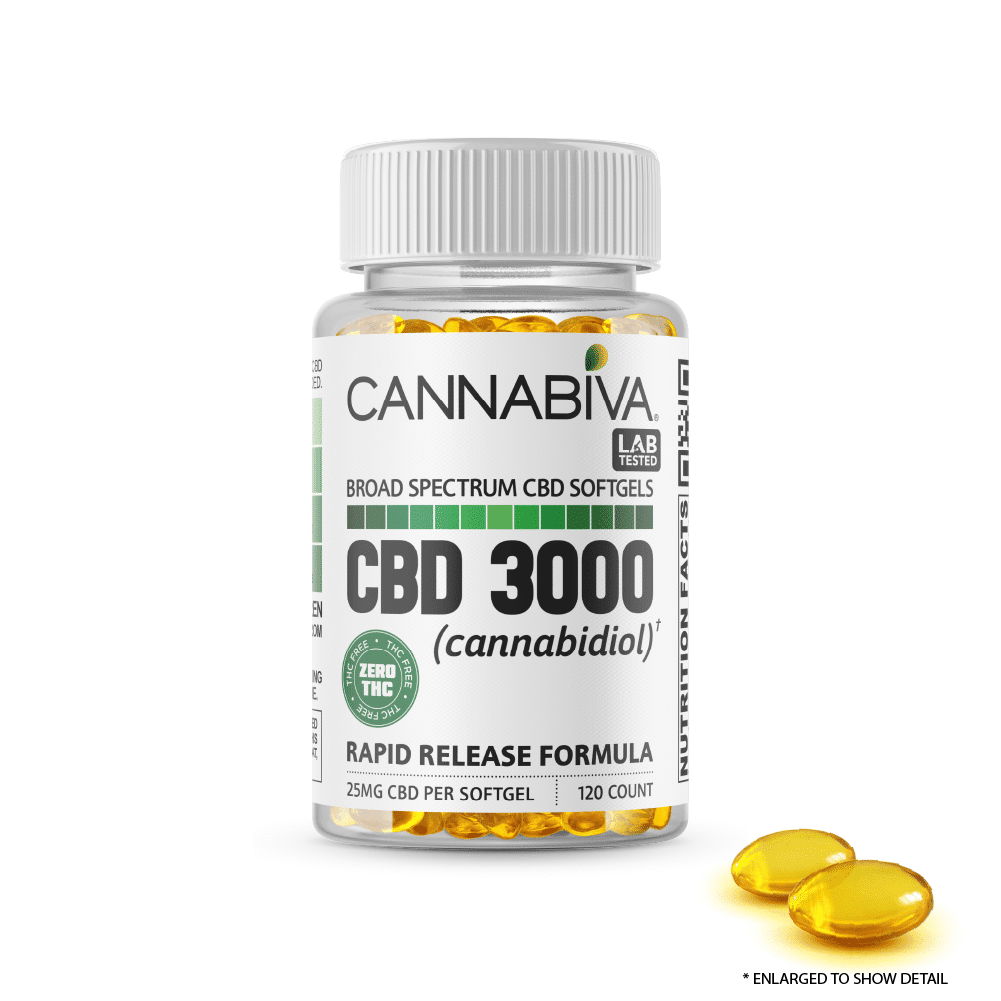 Broad Spectrum CBD Softgels (0% THC) - Cannabiva 3000MG - 120 Capsules With 25mg Per Supplement - Bottle with Capsule Zoom
