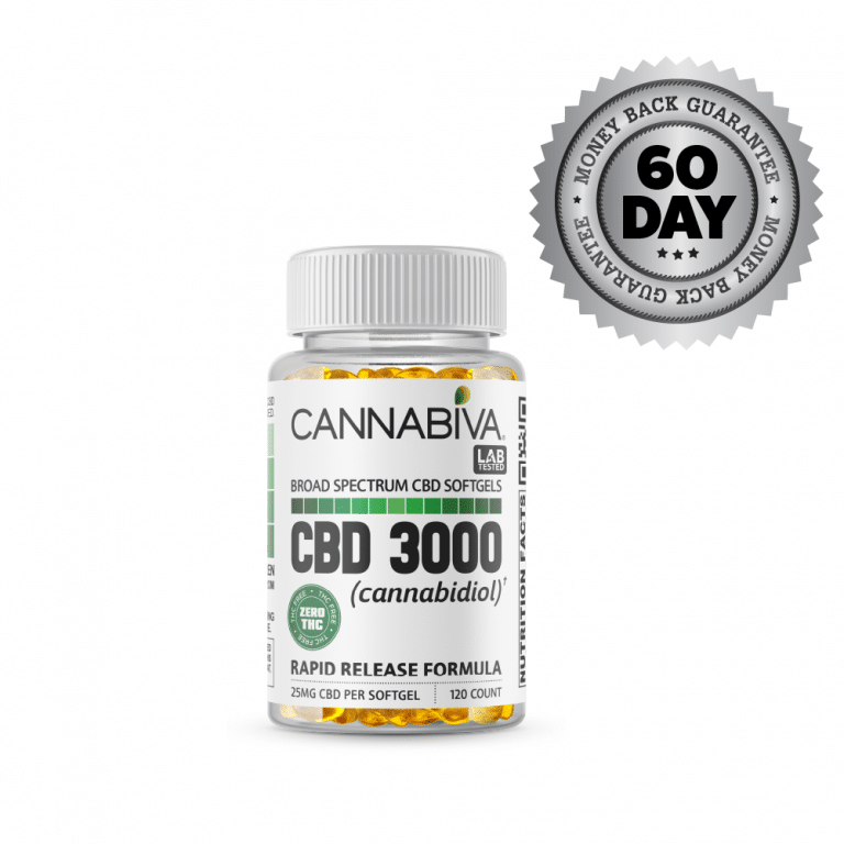 Broad Spectrum CBD Softgels (0% THC) - Cannabiva 3000MG - 120 Capsules With 25mg Per Supplement - Satisfaction Guarantee