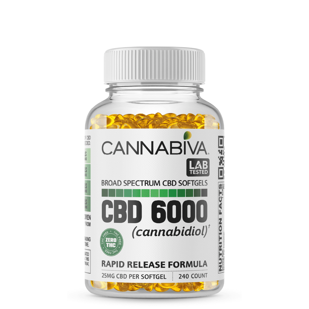 Broad Spectrum CBD Softgels (0% THC) - Cannabiva 6000MG - 240 Capsules With 25mg Per Supplement - Bottle