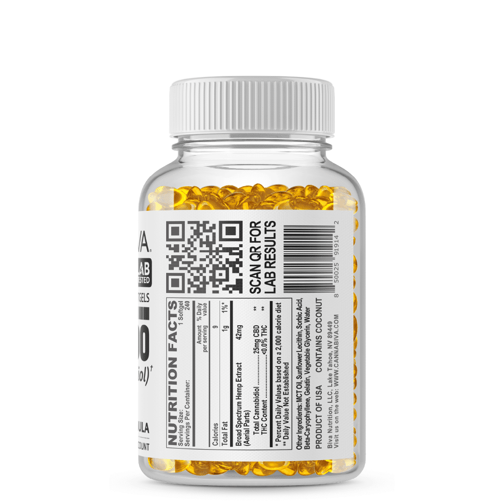 Broad Spectrum CBD Softgels (0% THC) - Cannabiva 6000MG - 240 Capsules With 25mg Per Supplement - Facts Label