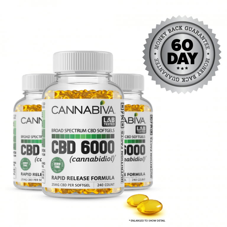 Broad Spectrum CBD Softgels (0% THC) - Cannabiva 6000MG - 240 Capsules With 25mg Per Supplement - Bottles - Three Month Supply and Satisfaction Guarantee