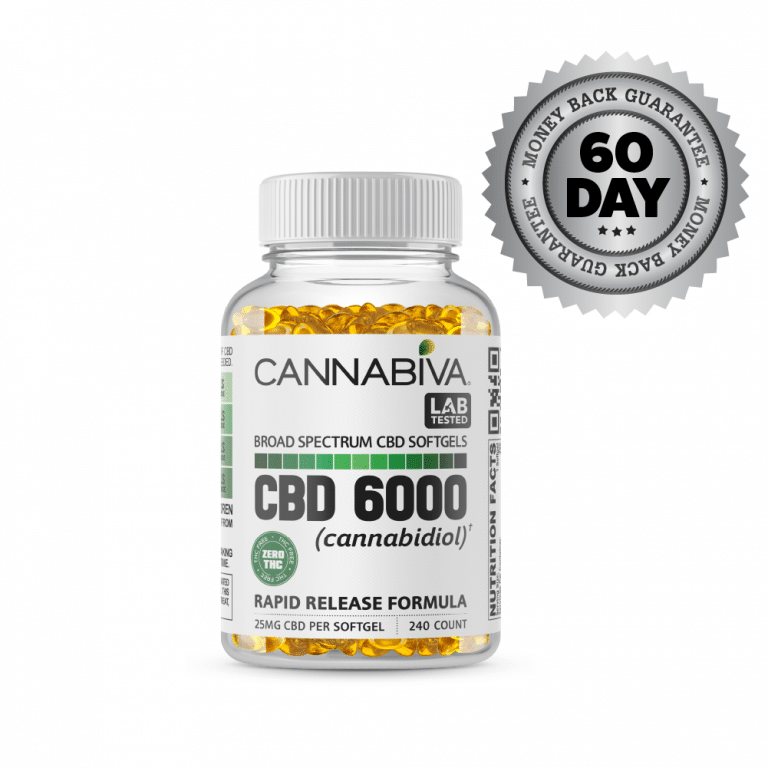 Broad Spectrum CBD Softgels (0% THC) - Cannabiva 6000MG - 240 Capsules With 25mg Per Supplement - Satisfaction Guarantee