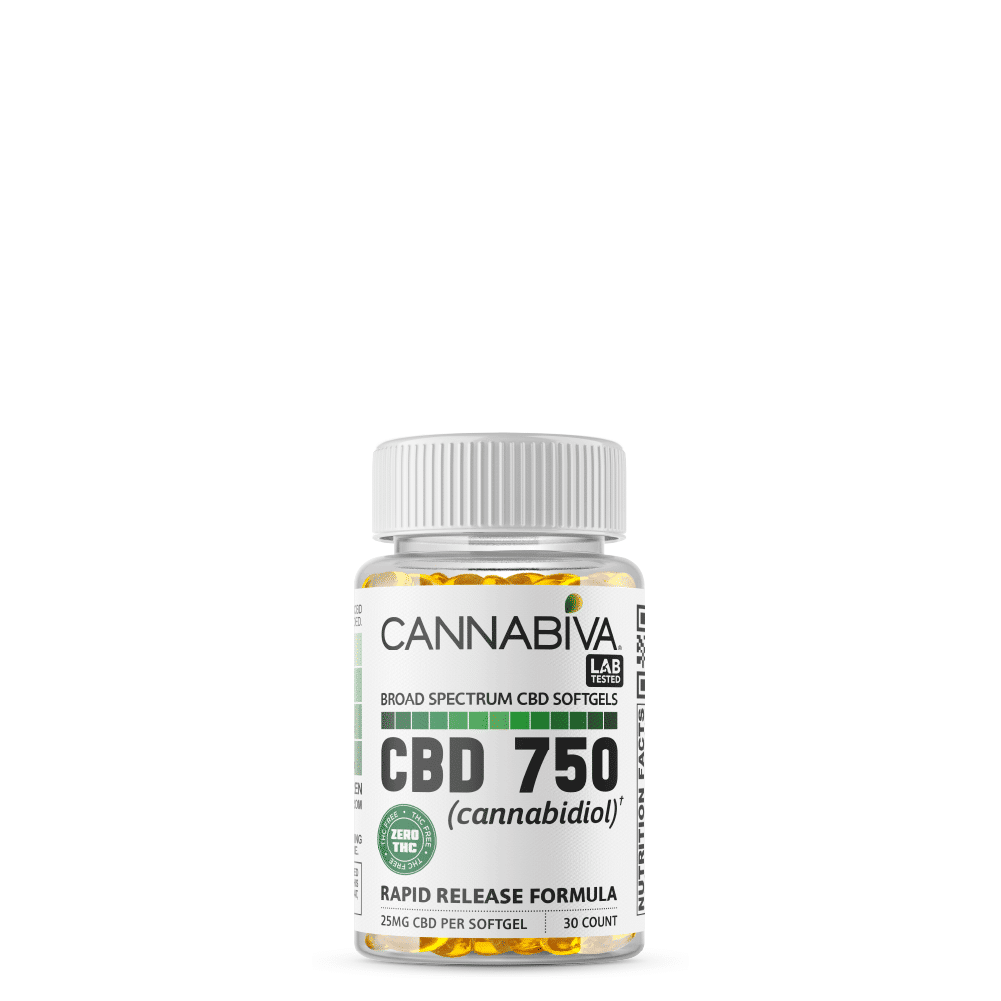 Broad Spectrum CBD Softgels (0% THC) - Cannabiva 750MG - 30 Capsules With 25mg Per Supplement - Bottle