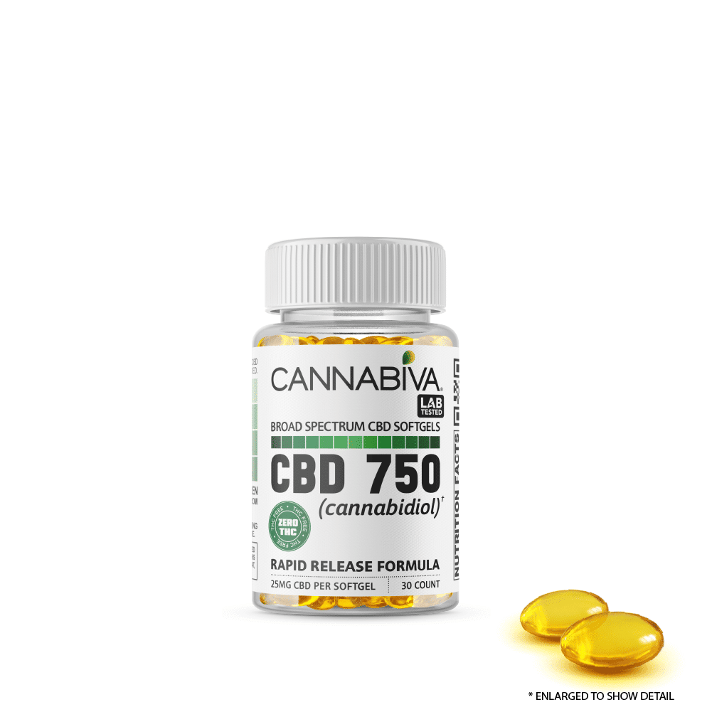 Broad Spectrum CBD Softgels (0% THC) - Cannabiva 750MG - 30 Capsules With 25mg Per Supplement - Bottle with Capsule Zoom