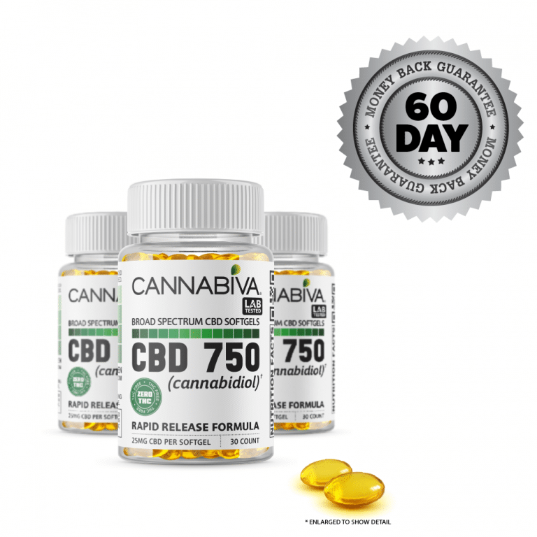 Broad Spectrum CBD Softgels (0% THC) - Cannabiva 750MG - 30 Capsules With 25mg Per Supplement - Bottles - Three Month Supply and Satisfaction Guarantee