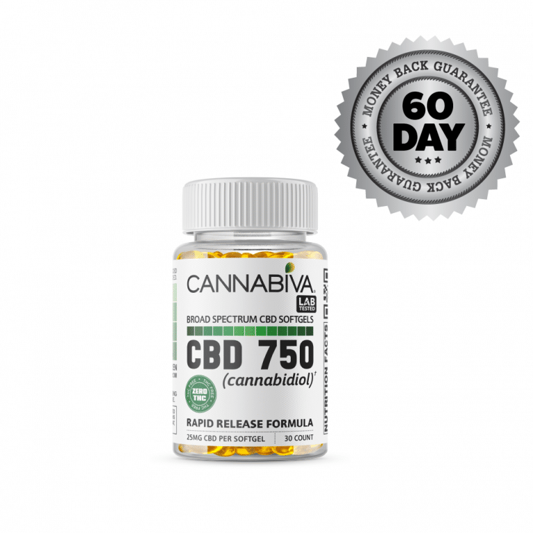 Broad Spectrum CBD Softgels (0% THC) - Cannabiva 750MG - 30 Capsules With 25mg Per Supplement - Satisfaction Guarantee