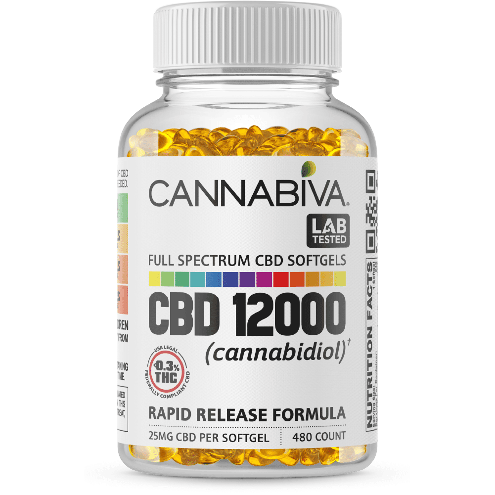 Full Spectrum CBD Softgels - Cannabiva 12000MG - 480 Capsules With 25mg Per Supplement - Bottle