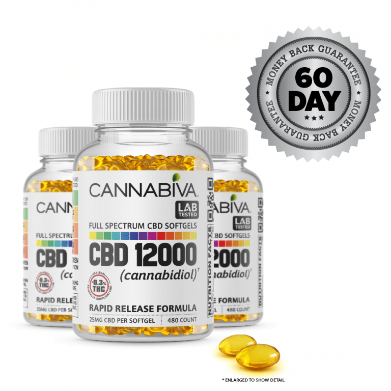 Full Spectrum CBD Softgels - Cannabiva 12000MG - 480 Capsules With 25mg Per Supplement - Capsule Zoom - Three Month Supply and Satisfaction Guarantee