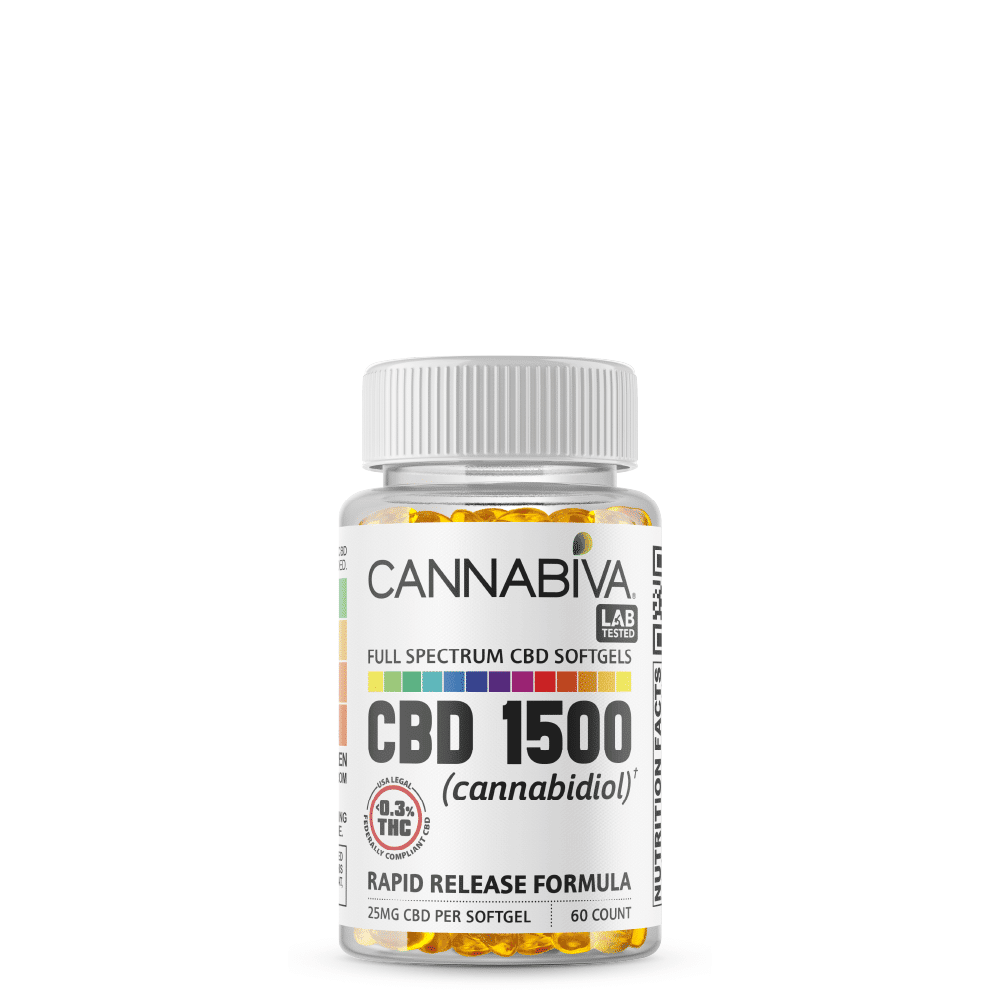 Full Spectrum CBD Softgels - Cannabiva 1500MG - 60 Capsules With 25mg Per Supplement - Bottle
