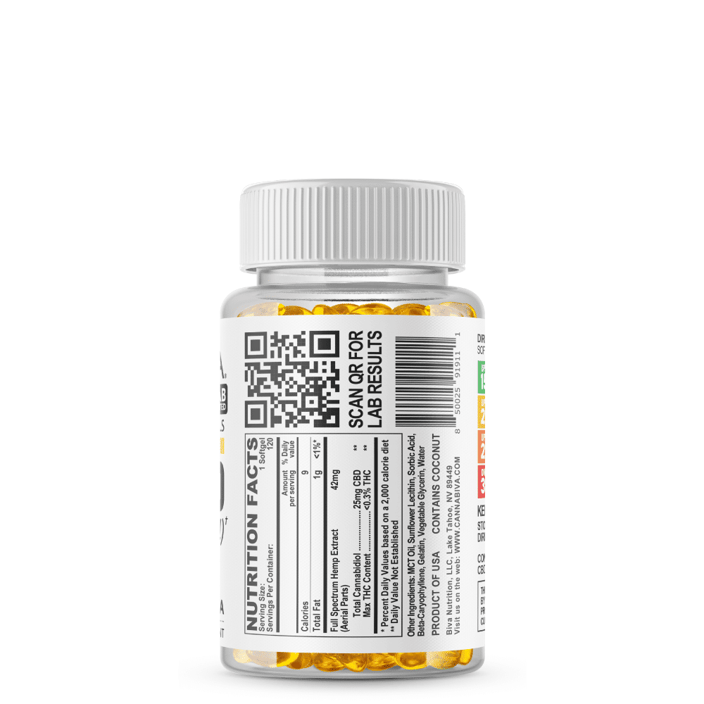Full Spectrum CBD Softgels - Cannabiva 3000MG - 120 Capsules With 25mg Per Supplement - Facts Label