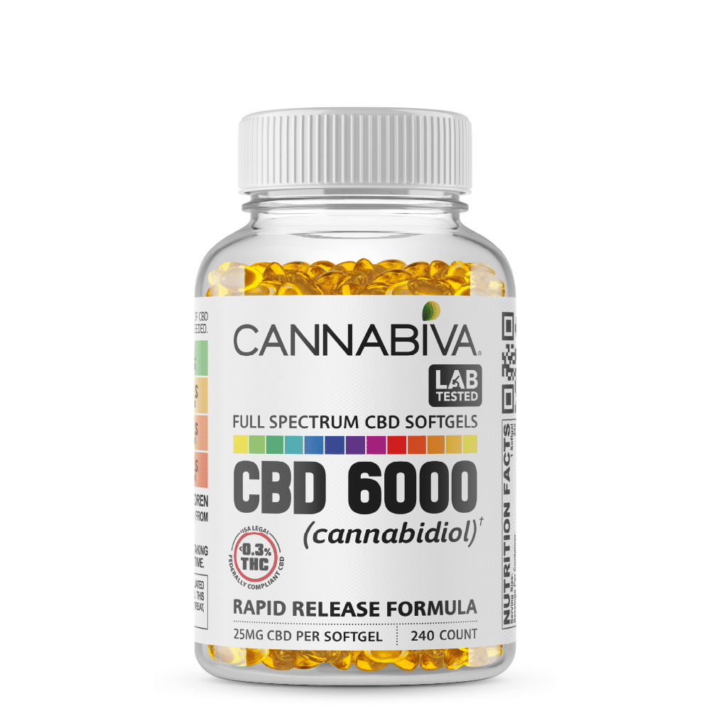 Full Spectrum CBD Softgels - Cannabiva 6000MG - 240 Capsules With 25mg Per Supplement - Bottle