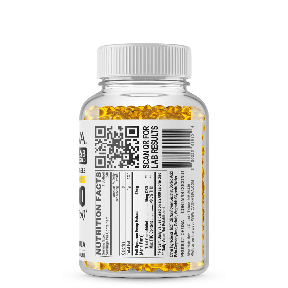 Full Spectrum CBD Softgels - Cannabiva 6000MG - 240 Capsules With 25mg Per Supplement - Facts Label