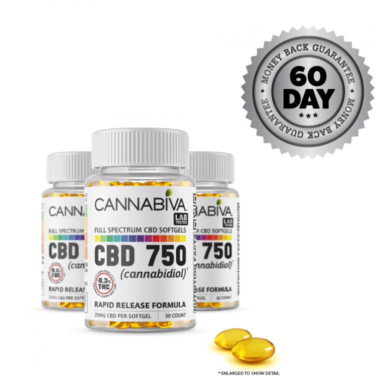 Full Spectrum CBD Softgels - Cannabiva 750MG - 30 Capsules With 25mg Per Supplement - Bottles - Three Month Supply and Satisfaction Guarantee