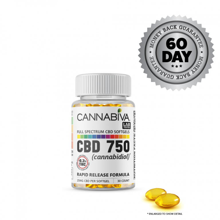 Full Spectrum CBD Softgels - Cannabiva 750MG - 30 Capsules With 25mg Per Supplement - Capsule Zoom - Satisfaction Guarantee