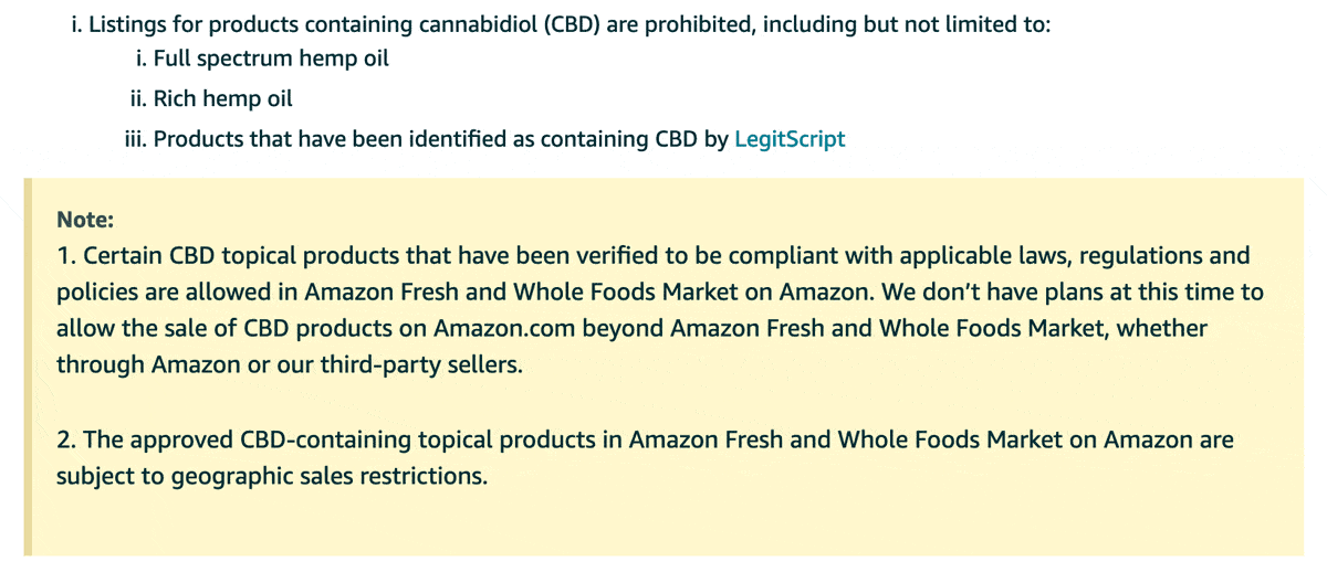 CBD Oil On Amazon Policy Screenshot